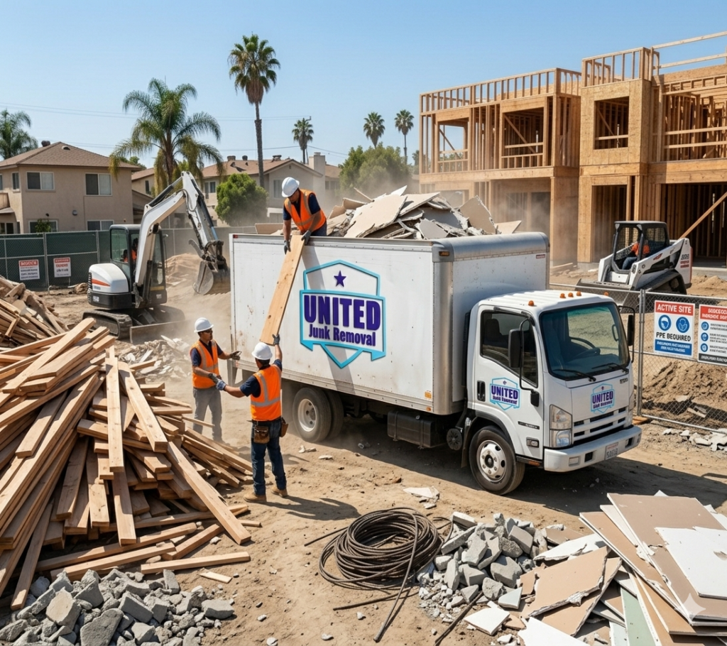 construction debris removal Orange County workers loading drywall wood
