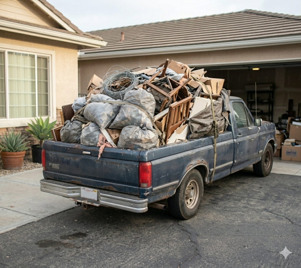 DIY debris removal Orange County truck overloaded with junk