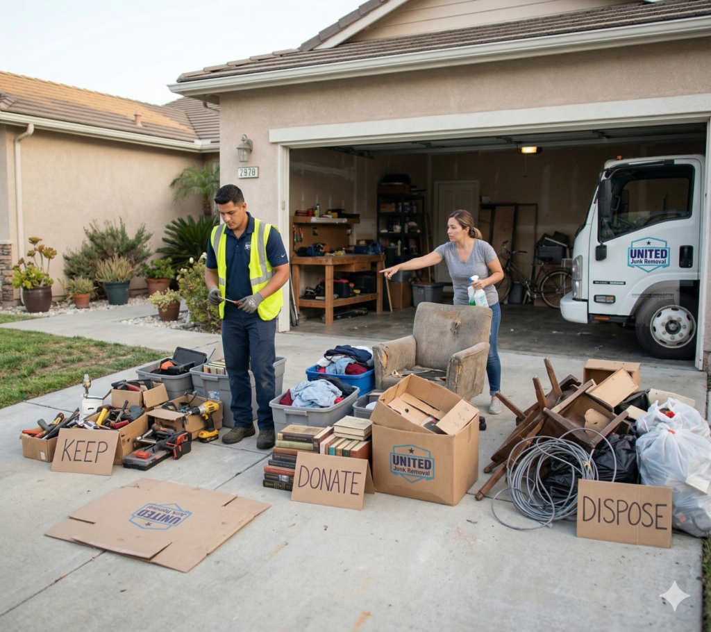 garage decluttering sorting piles keep donate dispose Orange County