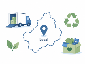 Illustrated map concept showing local junk removal service area with truck and recycling icons