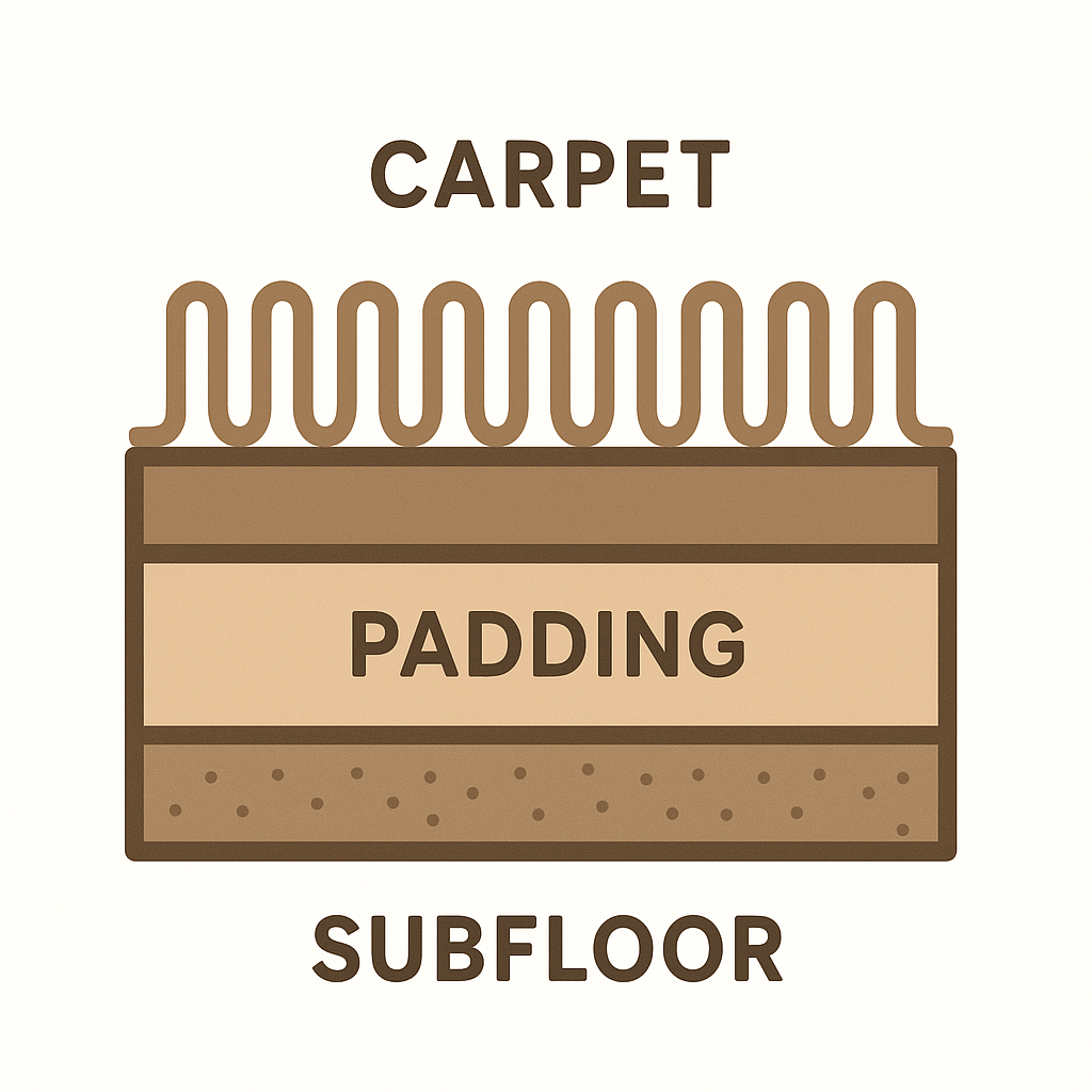 Diagram showing carpet, padding, and subfloor layers in home flooring