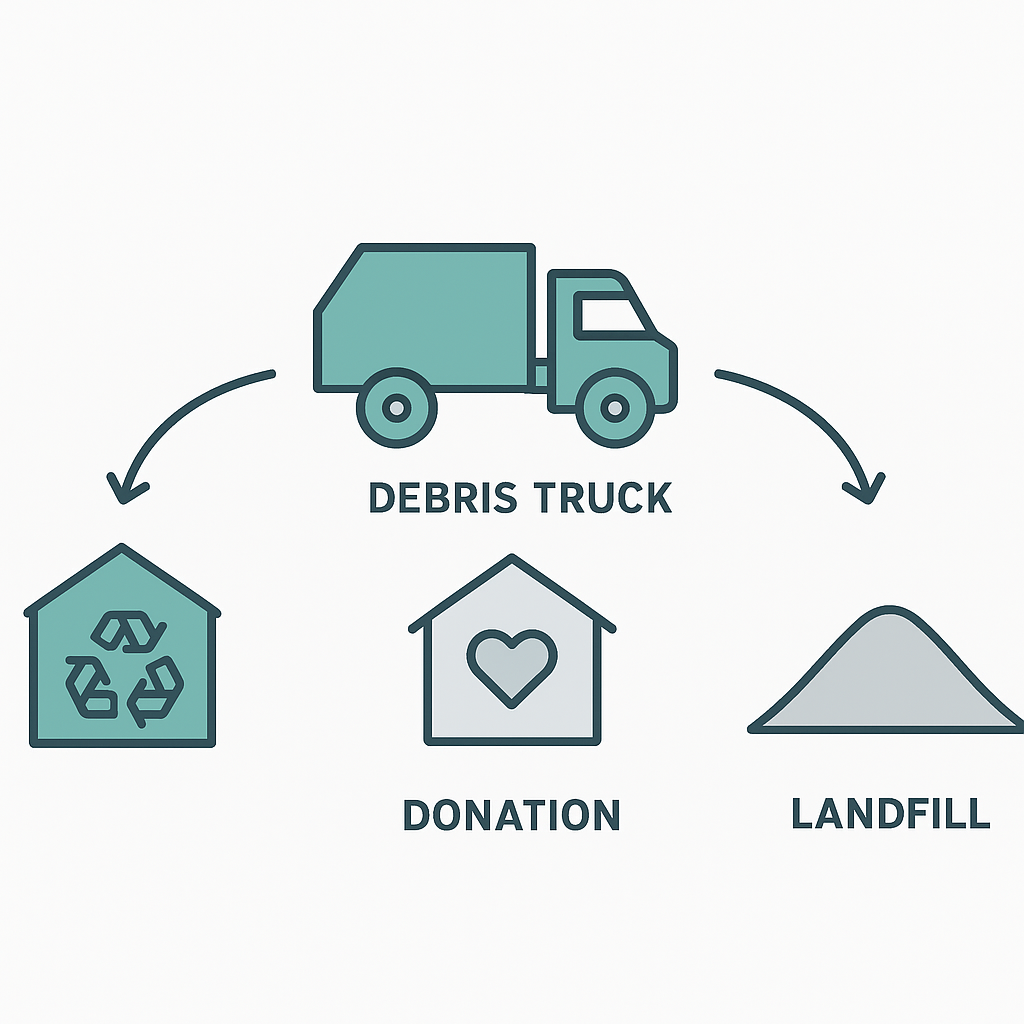 Illustration showing debris destinations including recycling, donation, and landfill
