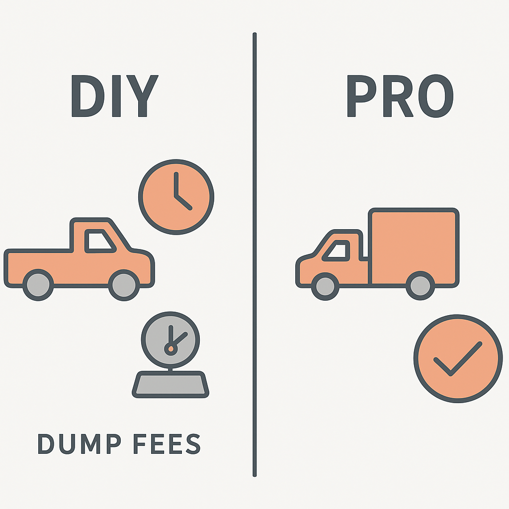 Comparison diagram showing DIY debris removal complexity versus professional haul-away simplicity