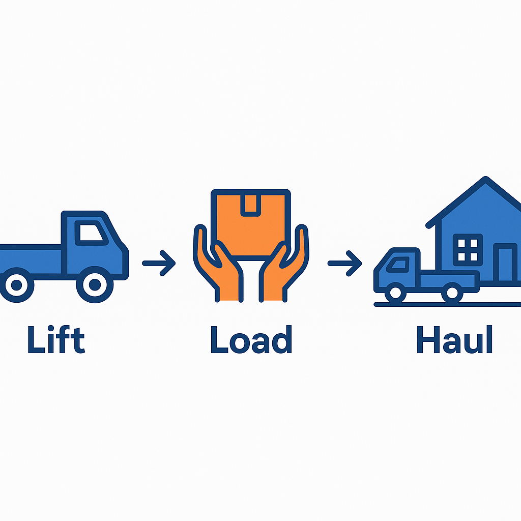 Illustration showing full-service junk removal process from lifting to loading to hauling