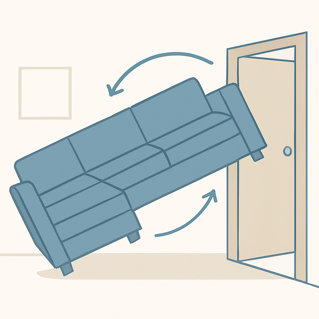 Illustrated diagram of furniture pivoting through narrow doorway during move