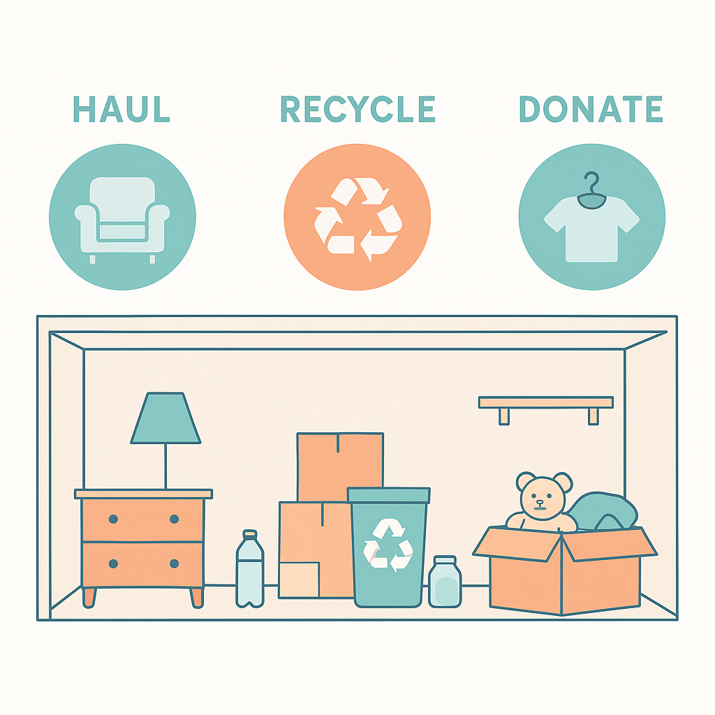 Illustration showing haul-away sorting concept with furniture, recyclables, and donations