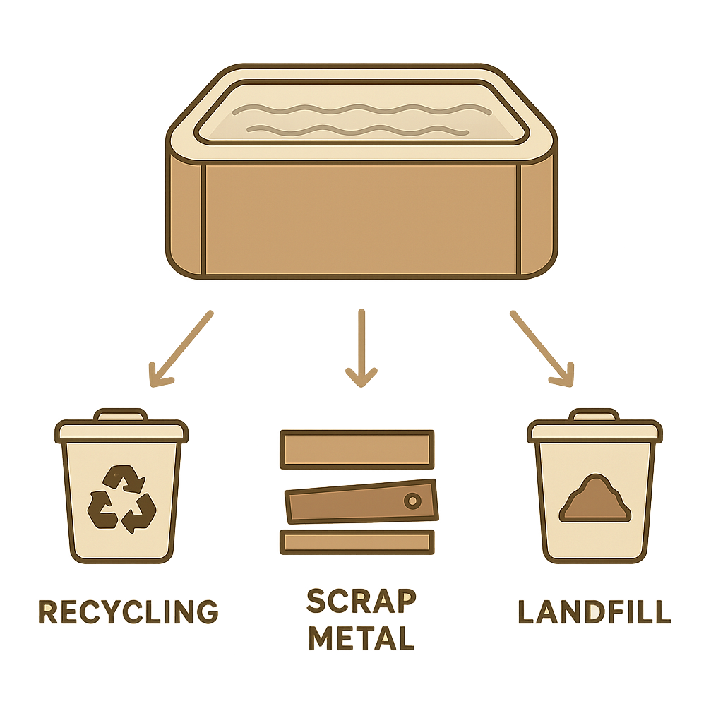 Diagram showing hot tub disposal pathways for recycling, scrap, and landfill