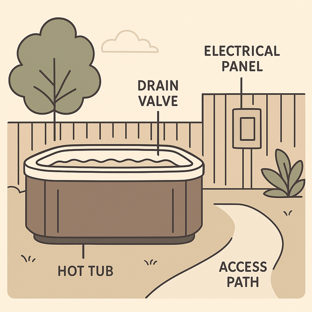 Diagram showing hot tub prep areas including drain valve and electrical disconnect