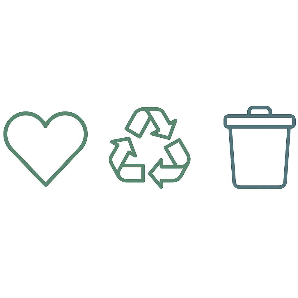 Diagram showing junk sorting destinations: donate, recycle, landfill