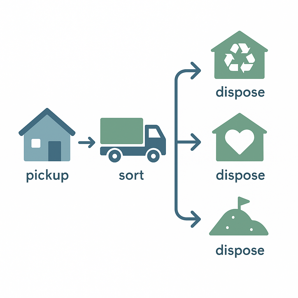 Diagram showing junk removal process from home pickup to sorting and disposal