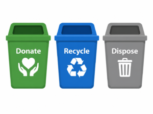 Illustrated sorting concept showing donate, recycle, and dispose categories for junk removal