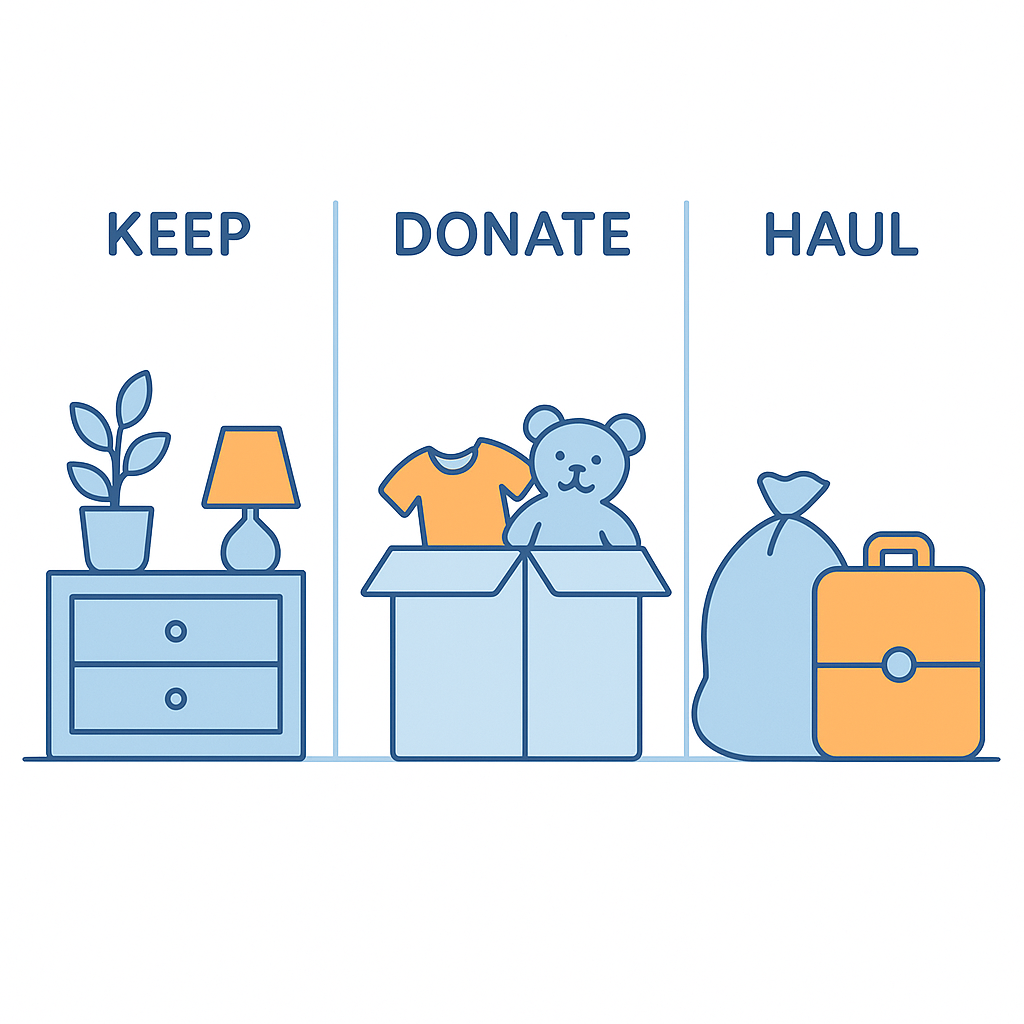 Illustration of room items sorted into keep, donate, and haul categories for junk removal
