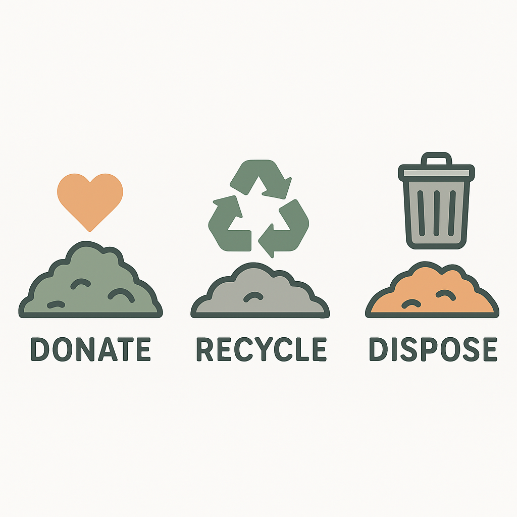 Junk removal sorting concept showing donate recycle and dispose categories