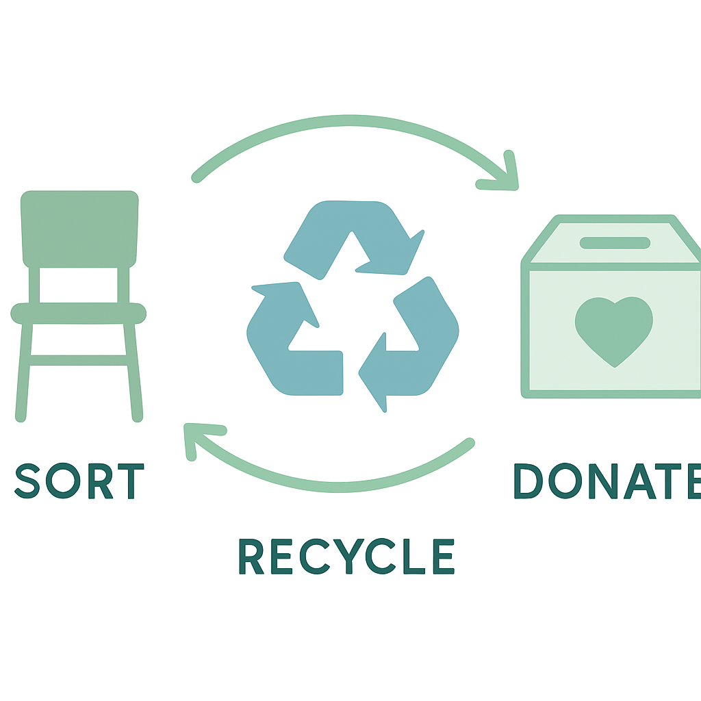Illustration showing junk sorting process for recycling and donation