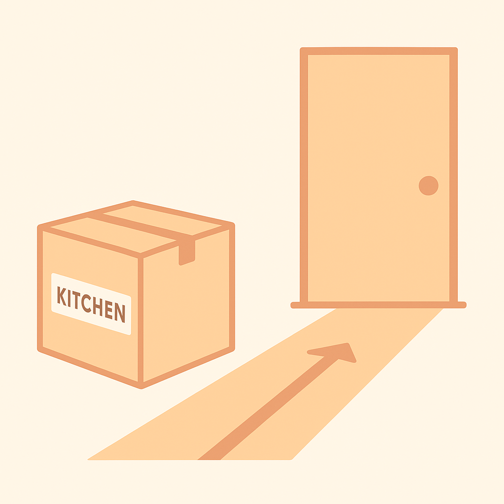 Illustrated labeled moving box with clear pathway to door