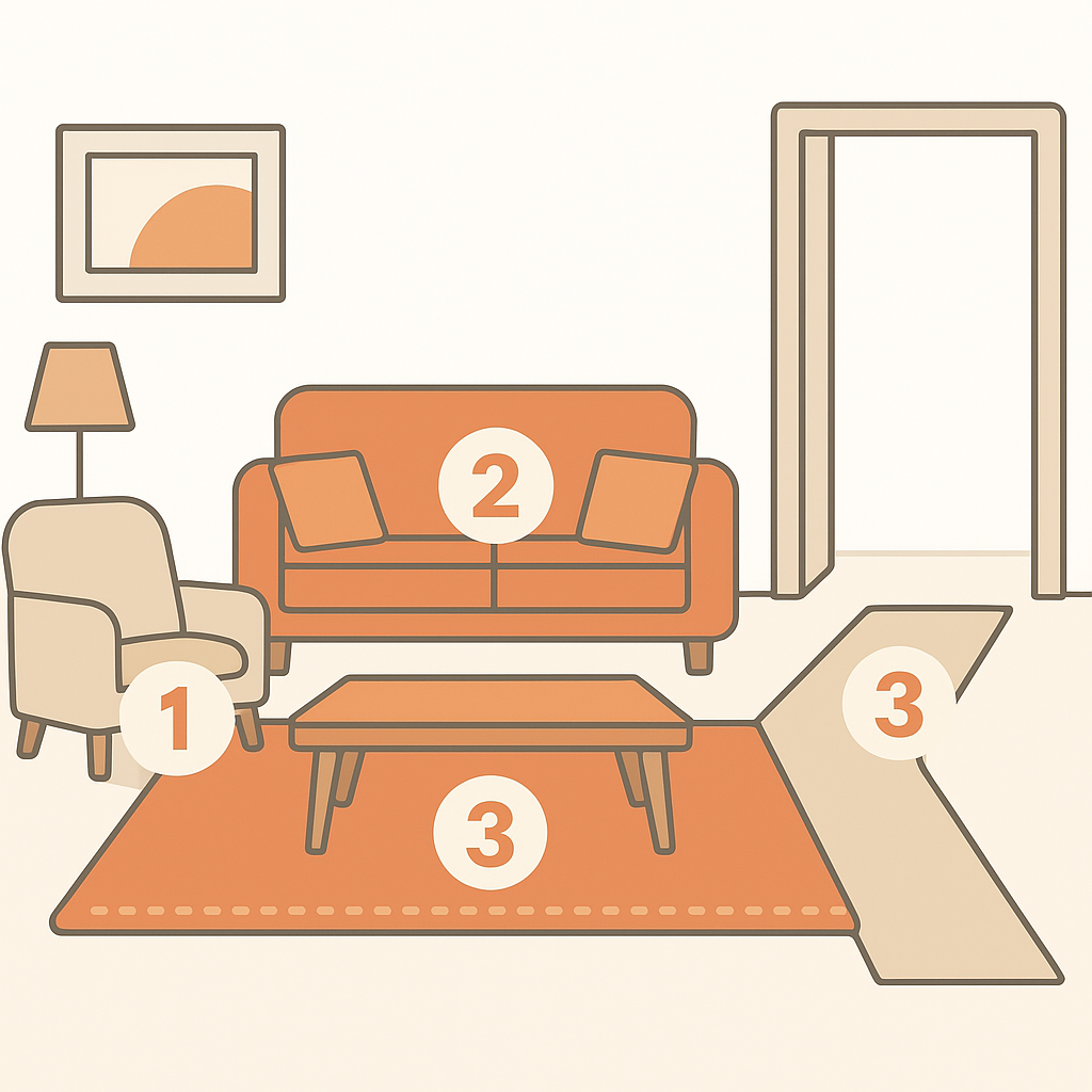 Illustrated moving priority layout showing numbered furniture and floor protection