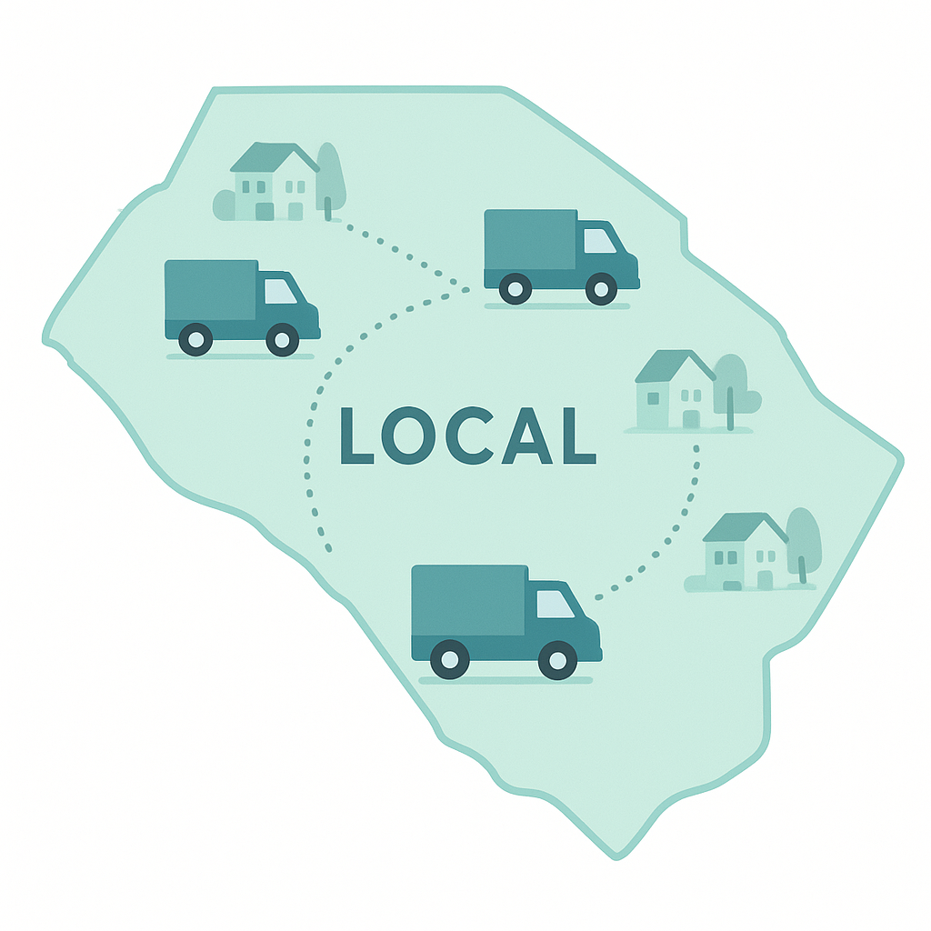 Illustrated Orange County map showing local junk removal truck routing concept