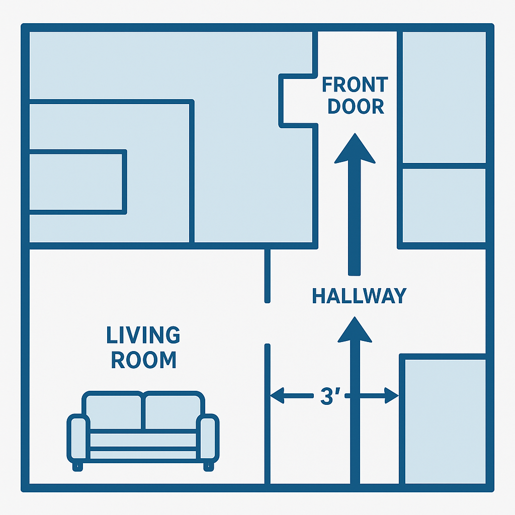 Floor plan showing piano removal path with doorway measurement points
