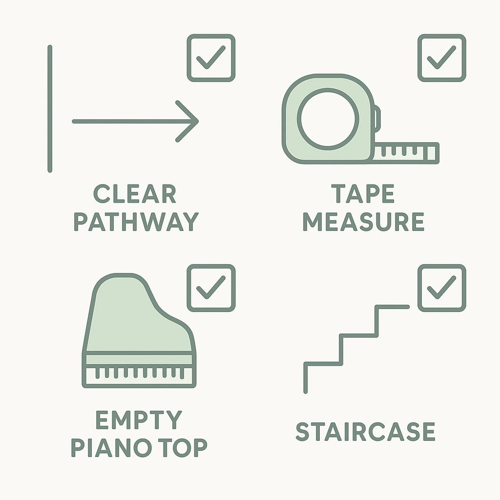 Piano removal prep checklist with pathway, measuring, and stair icons