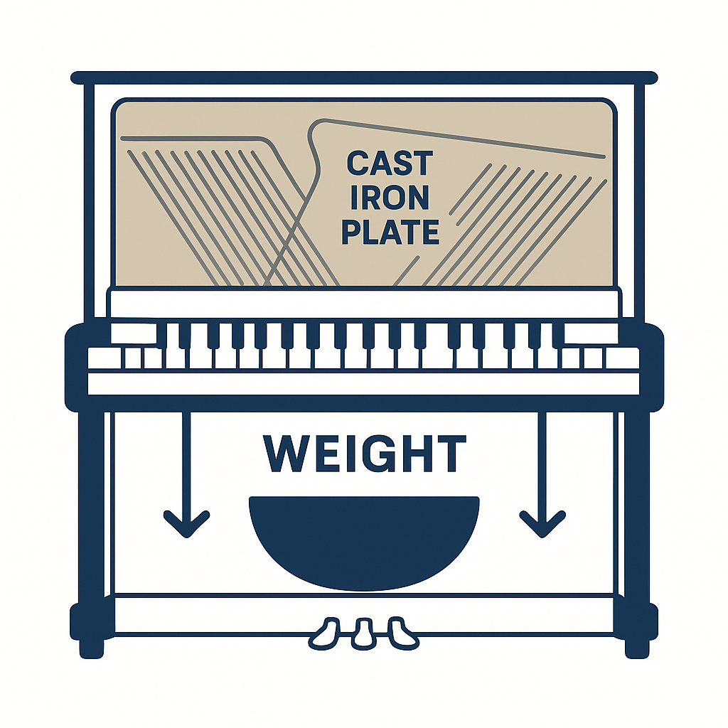 Diagram showing piano weight distribution with heavy cast iron plate location