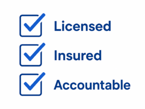Illustrated checklist showing licensed, insured, and accountable as key hiring criteria