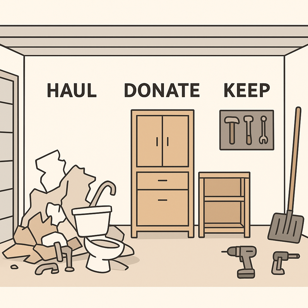 Illustration showing garage organized into haul, donate, and keep zones for renovation debris