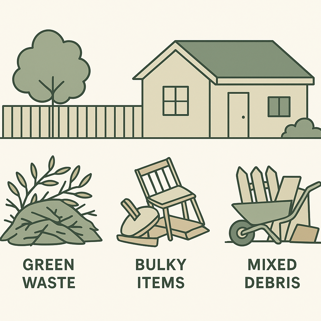 Illustration showing three types of residential debris: green waste, bulky items, and mixed debris