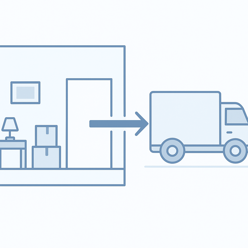 Illustration showing room cleanout concept with items moving to hauling truck