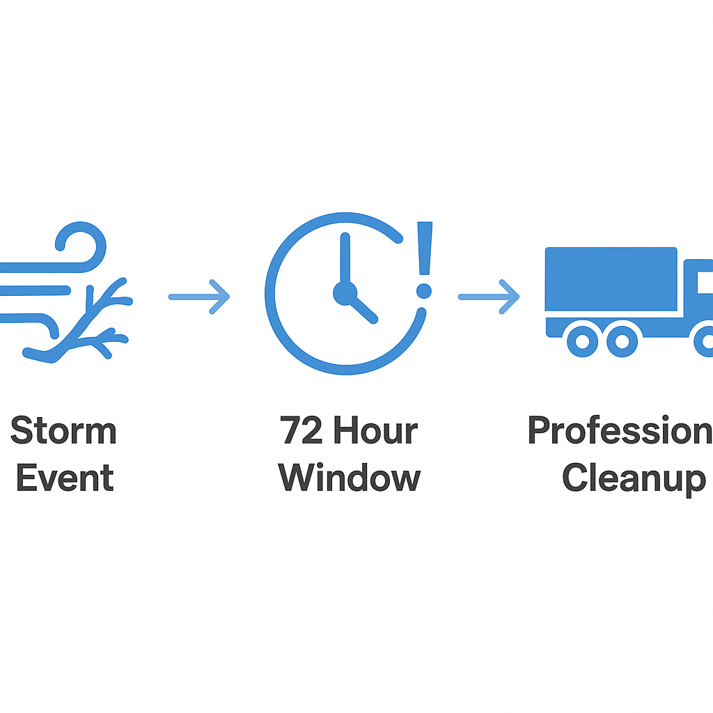 Timeline showing 72-hour storm debris removal window from event to professional cleanup