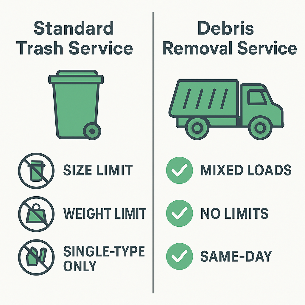 Comparison of standard trash service limits versus professional debris removal flexibility