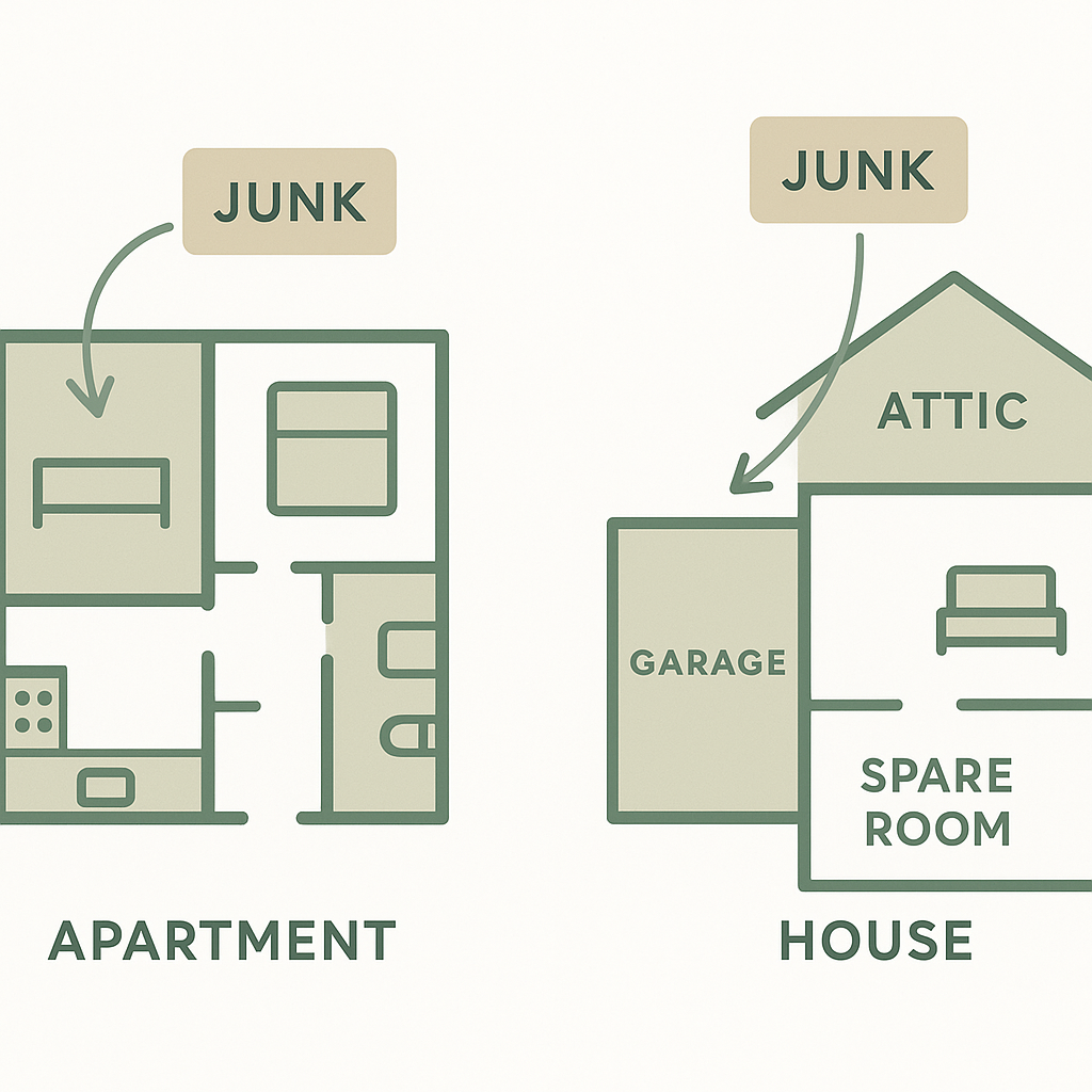 Diagram showing how junk accumulates when moving from apartment to house