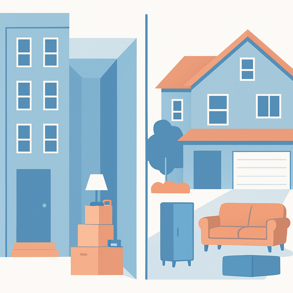 Illustration comparing apartment junk removal versus suburban house cleanout