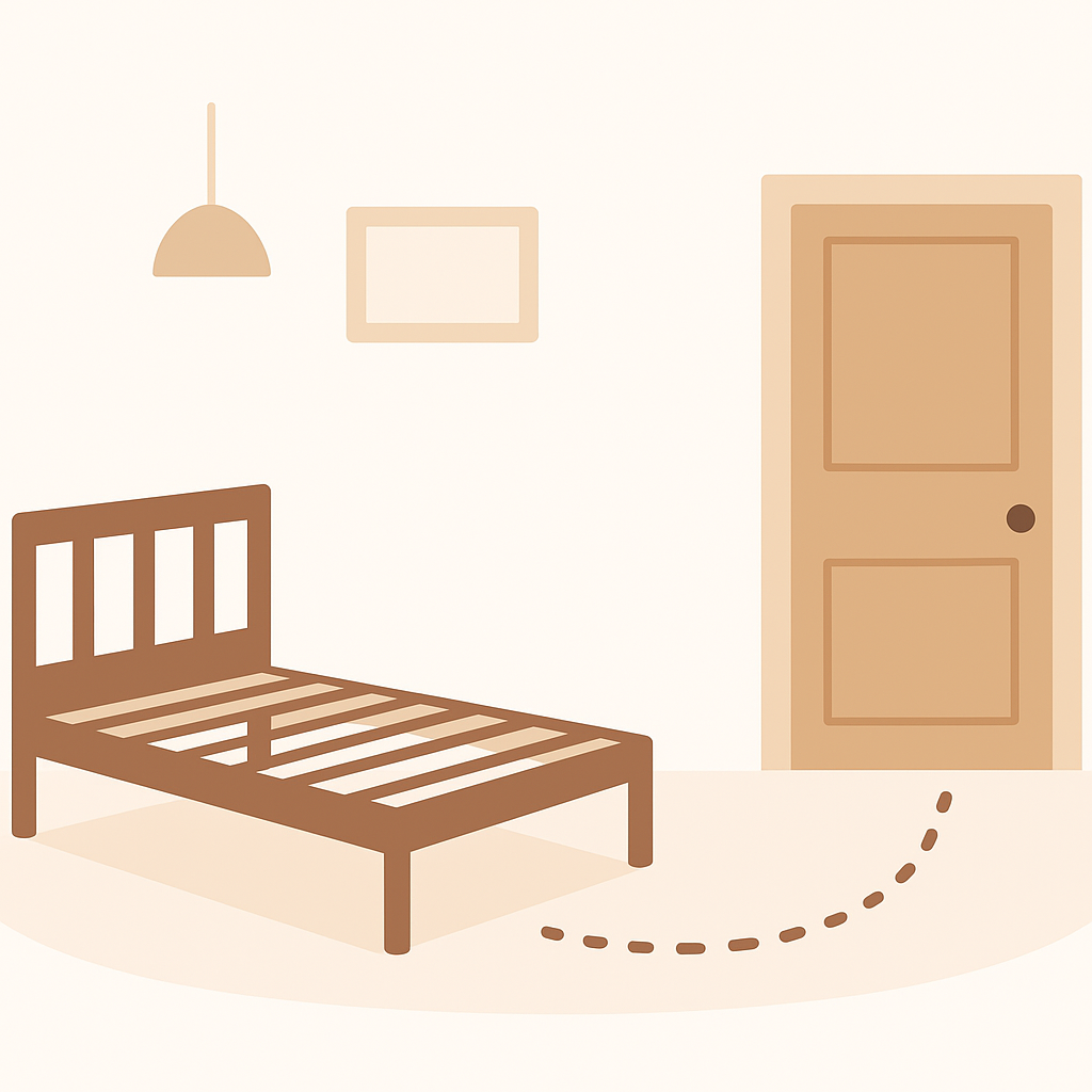 Illustrated bedroom showing mattress removal pathway