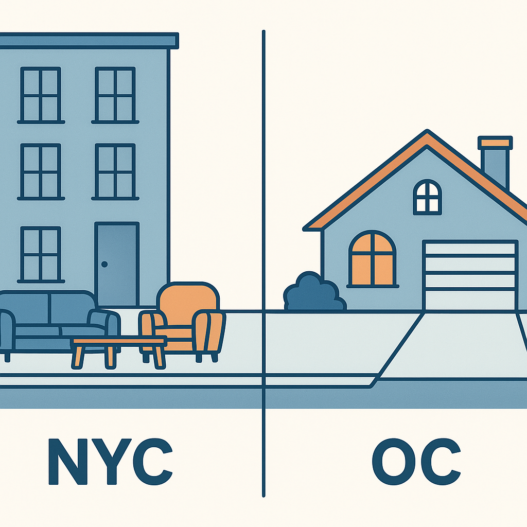 Illustration comparing Brooklyn curb junk pickup versus Orange County suburban rules