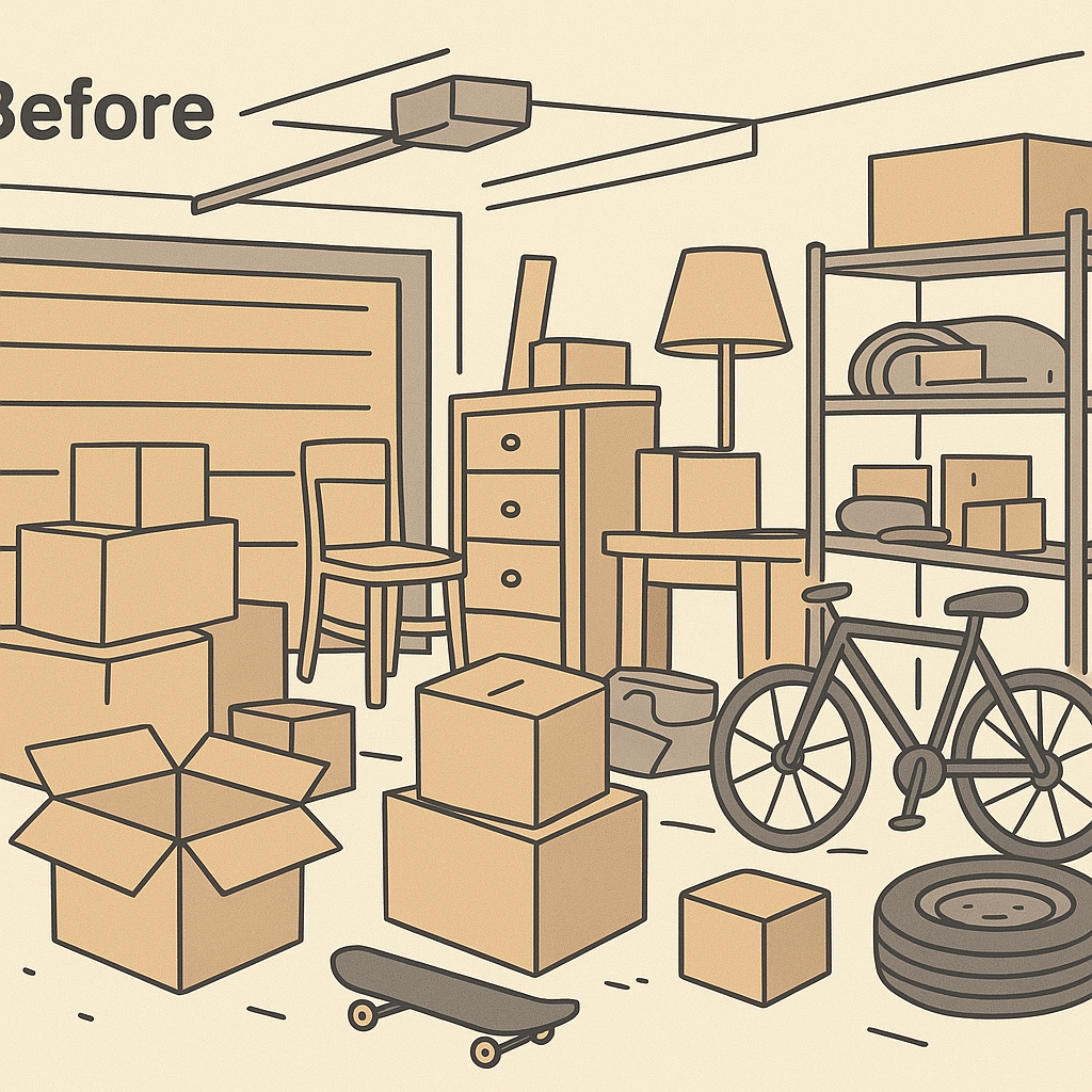 Cluttered garage full of junk needing professional cleanout service