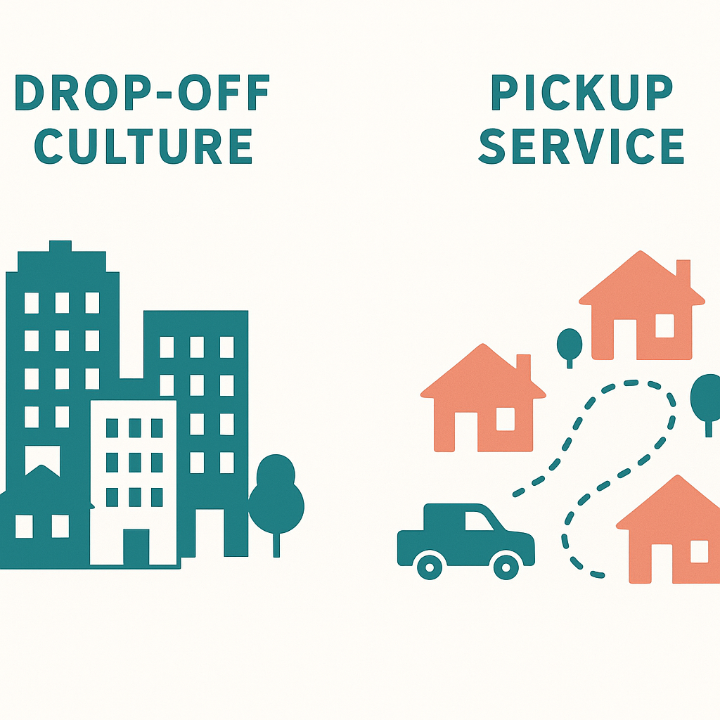 Diagram comparing urban drop-off donation culture to suburban pickup service model