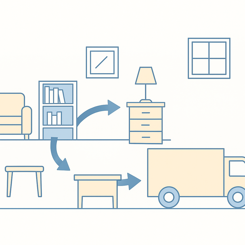 Estate cleanout room clearing concept showing furniture removal flow