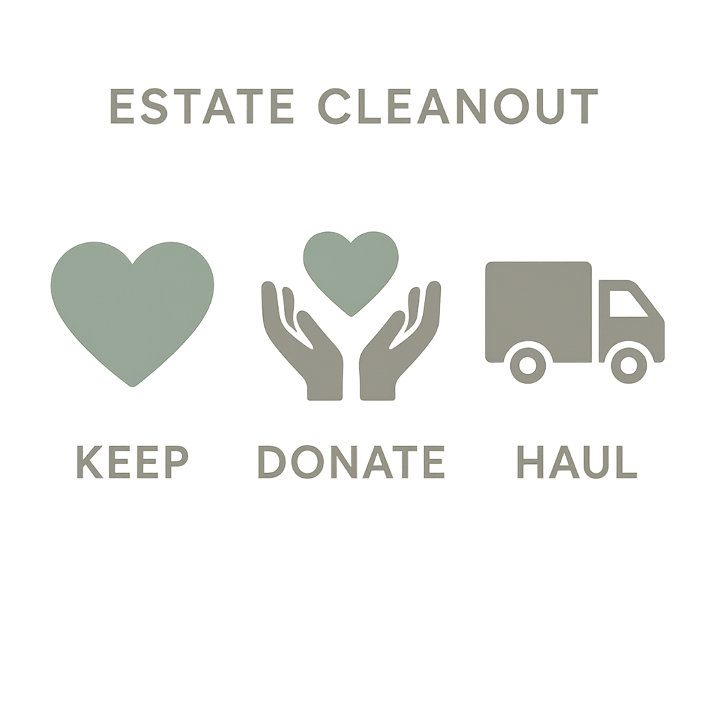 Three-category sorting system diagram showing keep, donate, and haul zones
