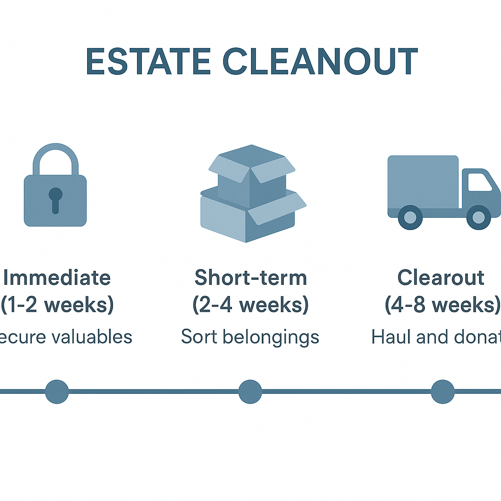 Estate cleanout timeline showing three phases from securing valuables to final haul-away