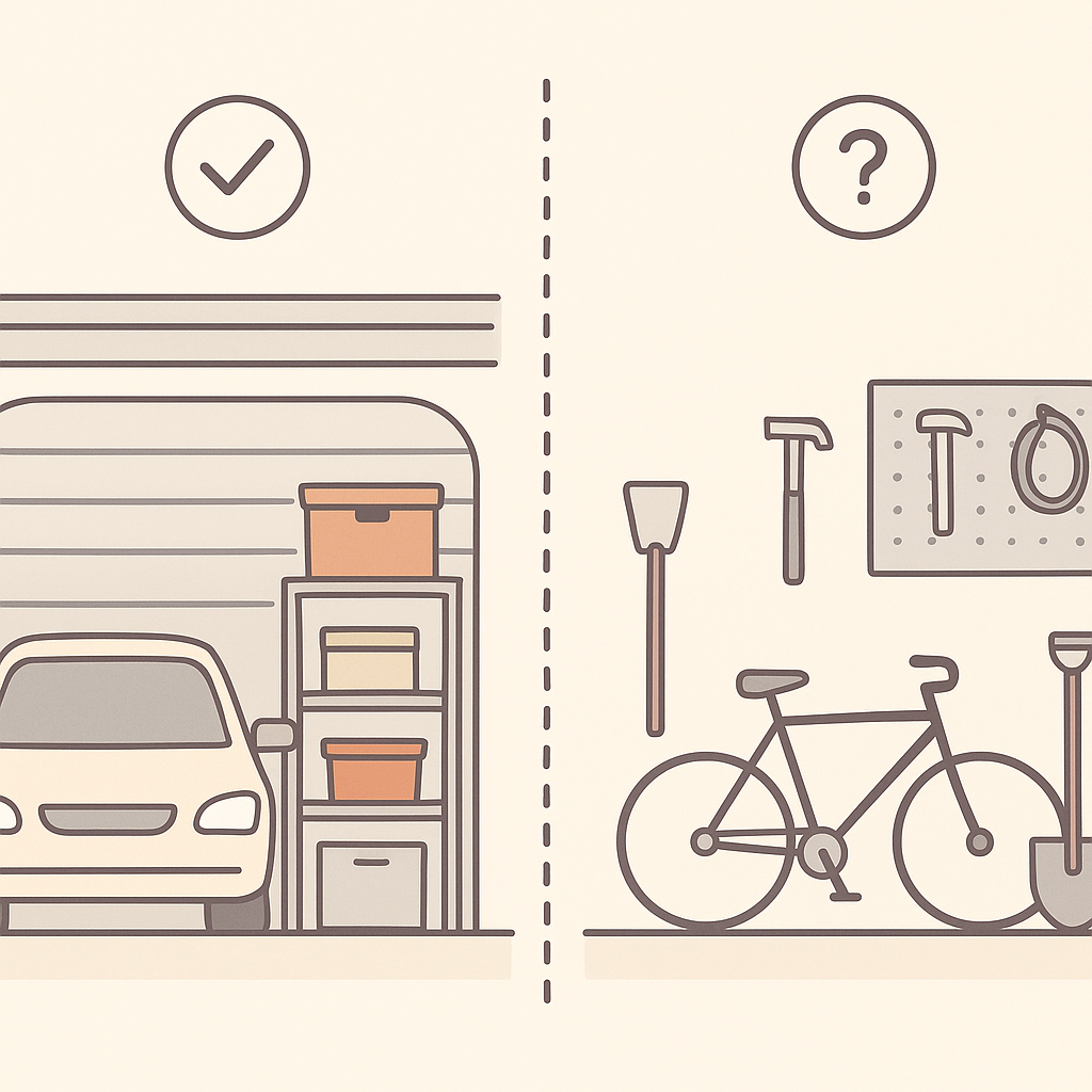 Garage cleanout preparation showing items sorted for removal