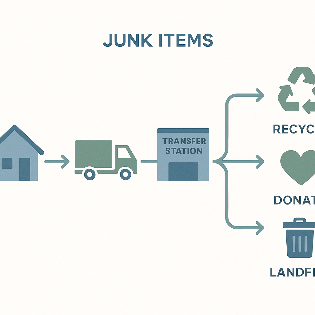 Diagram showing junk removal disposal flow from home to recycling, donation, or landfill