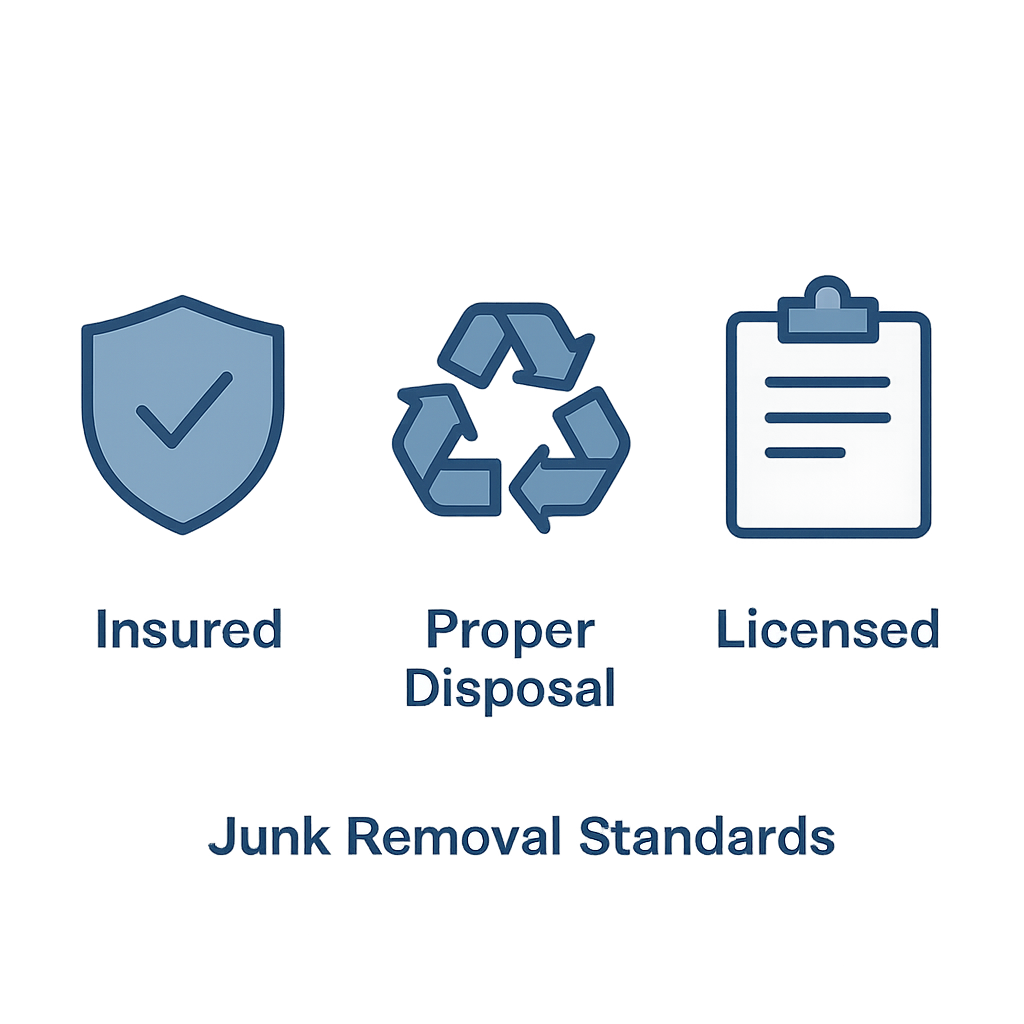 Icons representing licensed, insured, and proper disposal standards