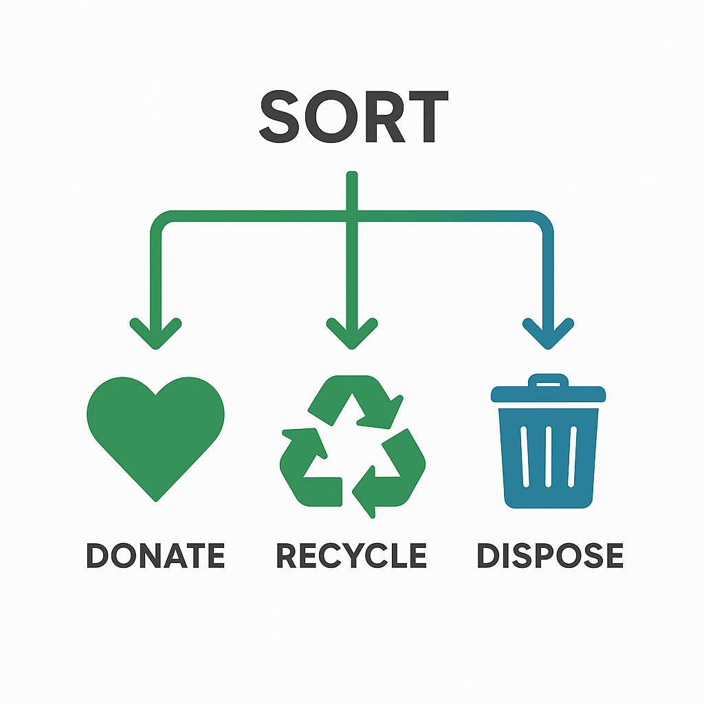 Junk removal sorting process showing donate recycle and dispose paths
