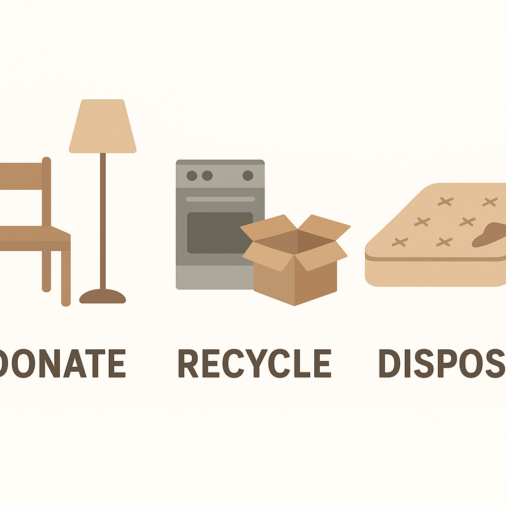 Illustration showing junk sorted into donate, recycle, and dispose categories