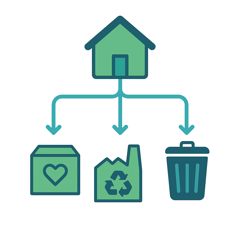 Flow diagram showing junk sorting into donation, recycling, and disposal