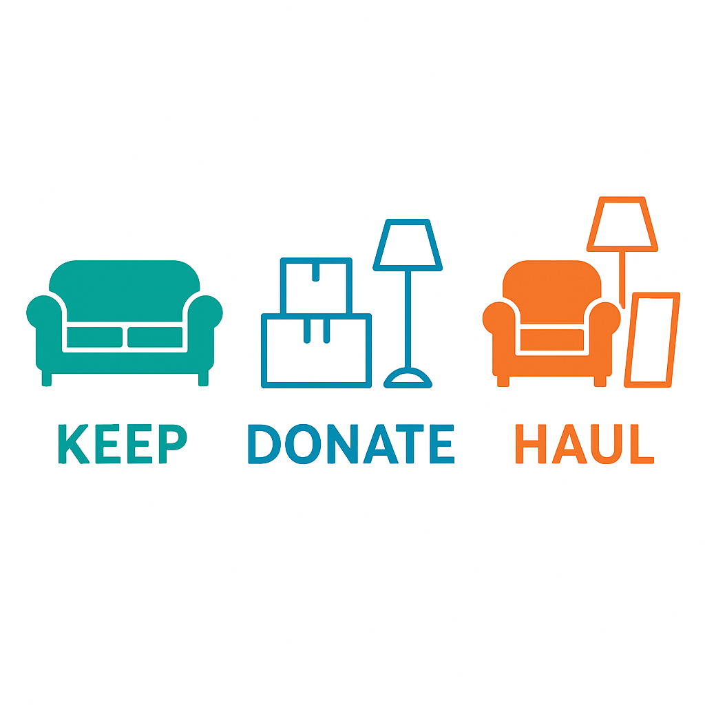 Illustration of keep donate haul sorting system for moving prep