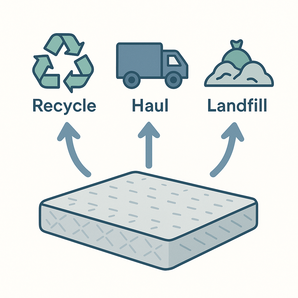 Illustrated diagram showing three mattress disposal options in Orange County