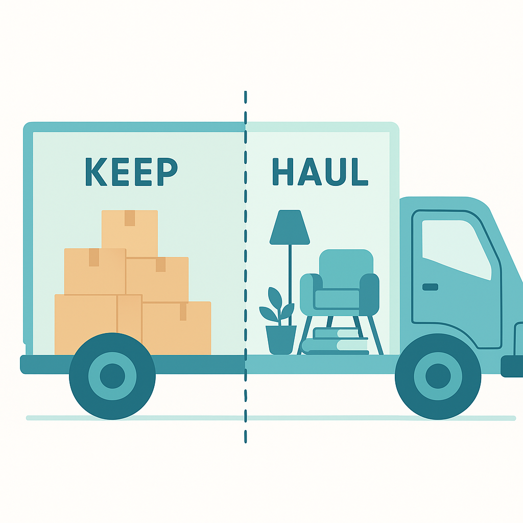 Illustration showing moving truck divided between items to keep and items to haul away