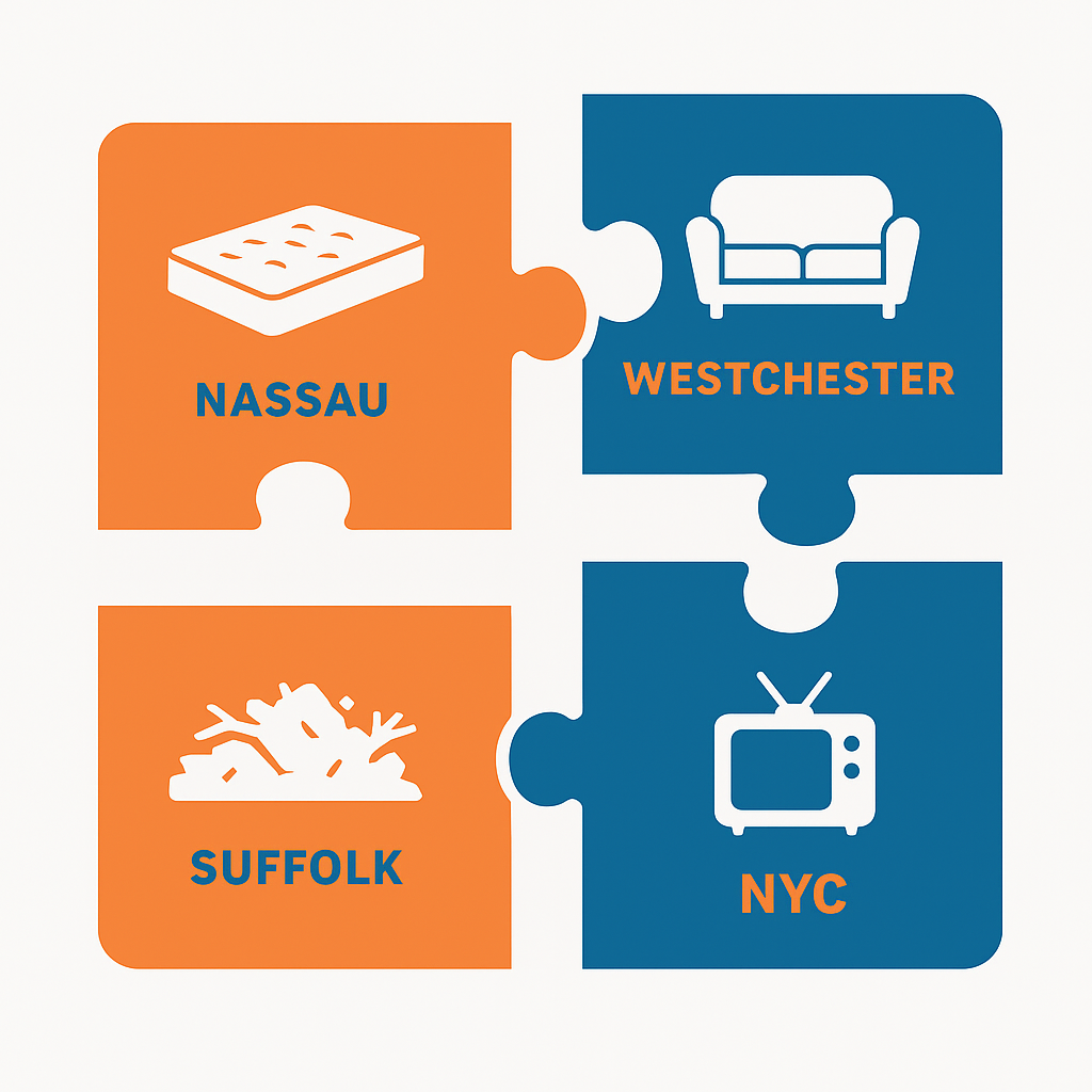 Infographic showing fragmented Orange County city disposal rules versus unified NYC
