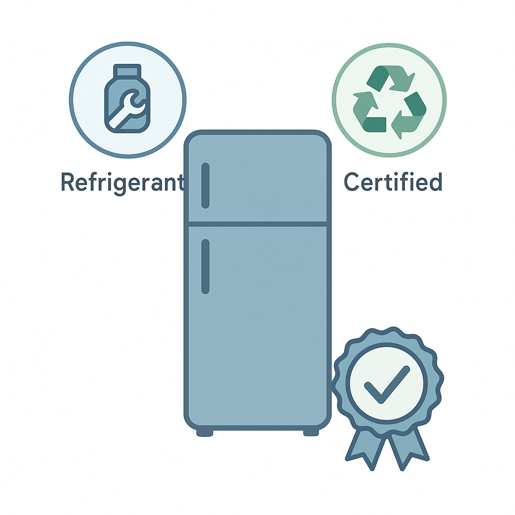 Refrigerator disposal requires certified refrigerant removal before recycling